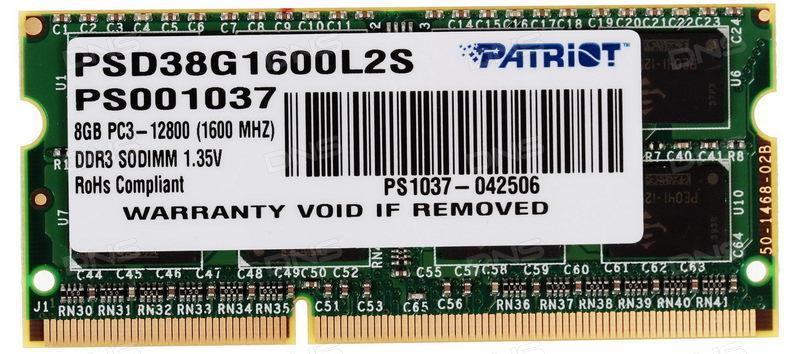 Модуль памяти для ноутбука SODIMM 8GB DDR3L-1600 PSD38G1600L2S PATRIOT - оптом у дистрибьютора ELKO