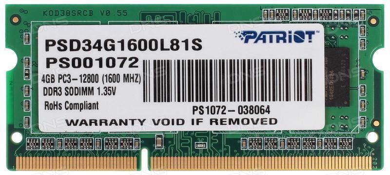 Модуль памяти для ноутбука SODIMM 4GB DDR3L-1600 PSD34G1600L81S PATRIOT - оптом у дистрибьютора ELKO