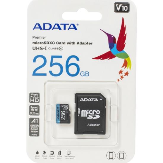 Карта памяти MICRO SDXC 256GB W/AD. AUSDX256GUICL10A1-RA1 ADATA - оптом у дистрибьютора ELKO