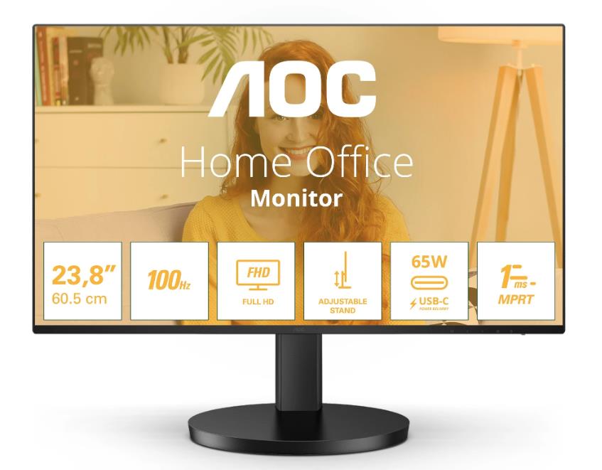 Монитор AOC 23,8" 24B3CF2 Black, 16:9, IPS, 1920x1080, 4ms, 250cd, 100Hz, 1xHDMI, 2xUSB, 1xUSB-C, SPK, HAS - оптом у дистрибьютора ELKO